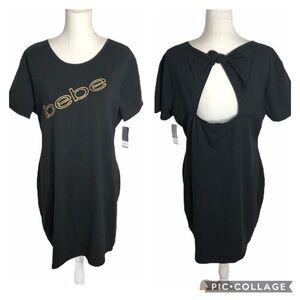 Bebe Open Back Logo Dress NWT 1X Black Gold Women